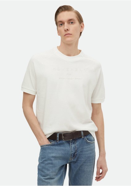 Ekru Baskılı Bisiklet Yaka %100 Pamuk T-Shirt