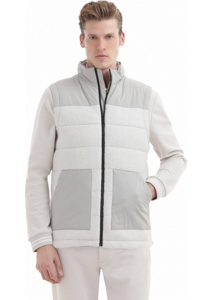 Ekru Regular Fit Dik Yaka Casual Dokuma Spor Yelek