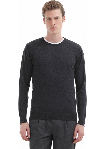 Antrasit Bisiklet Yaka Düz Örgü %100 Yün Triko Kazak
