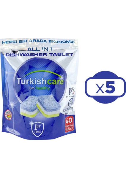 Hepsi 1 Arada 40 Lı Bulaşık Makinası Tableti x 5 Paket (200 Tablet)