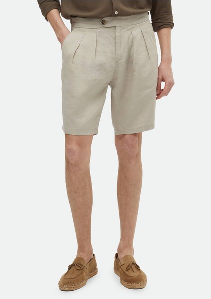 Bej Düz Dokuma Carrot Fit Casual %100 Keten Bermuda fiyatları