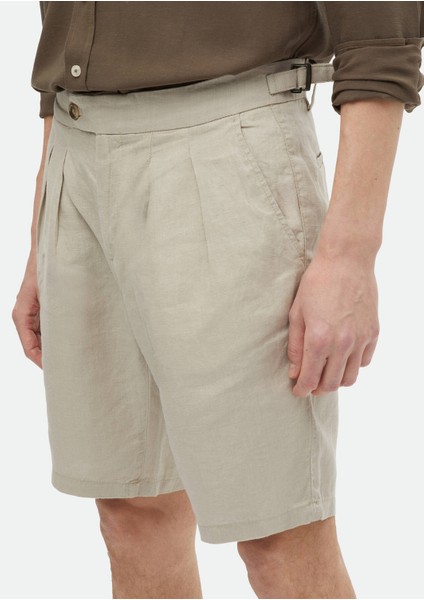 Bej Düz Dokuma Carrot Fit Casual %100 Keten Bermuda modelleri