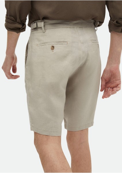 Bej Düz Dokuma Carrot Fit Casual %100 Keten Bermuda indirimleri