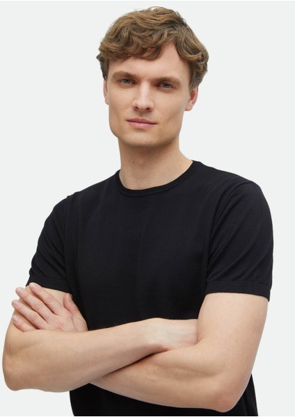 Siyah Bisiklet Yaka Düz Örgü %100 Pamuk Triko modelleri