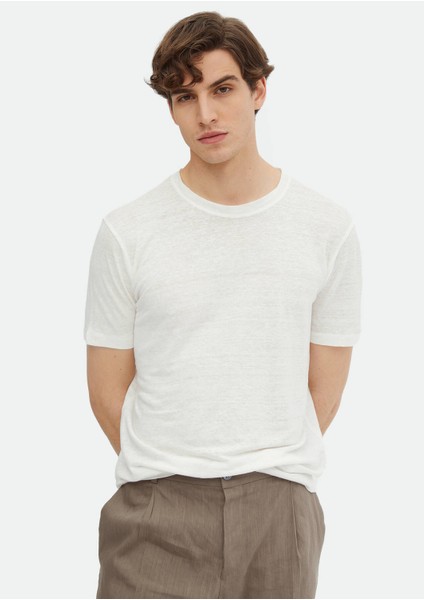 Ekru Düz Bisiklet Yaka %100 Keten T-Shirt