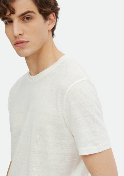 Ekru Düz Bisiklet Yaka %100 Keten T-Shirt fırsatları