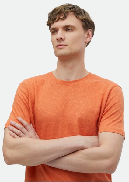 Turuncu Düz Bisiklet Yaka %100 Keten T-Shirt modelleri