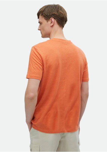 Turuncu Düz Bisiklet Yaka %100 Keten T-Shirt indirimleri