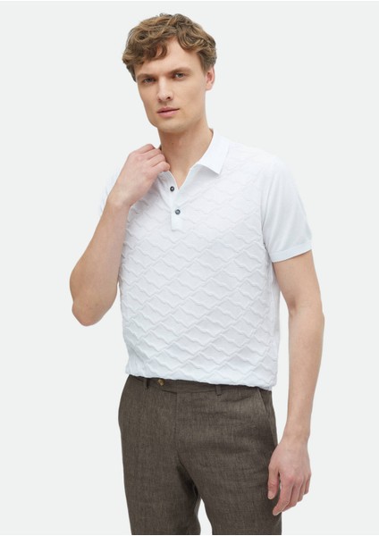 Beyaz Polo Yaka Jakarlı %100 Pamuk Triko indirimleri