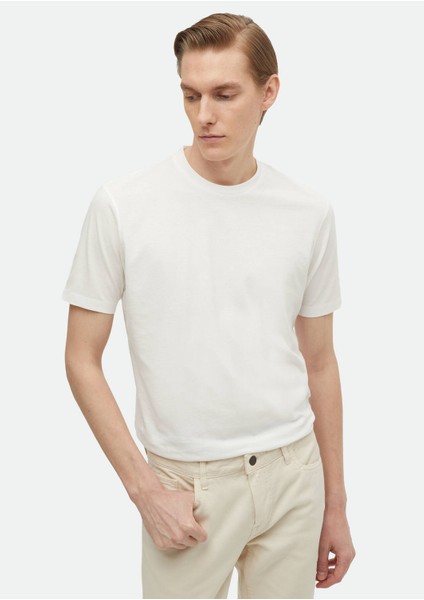 Beyaz Düz Bisiklet Yaka %100 Pamuk T-Shirt