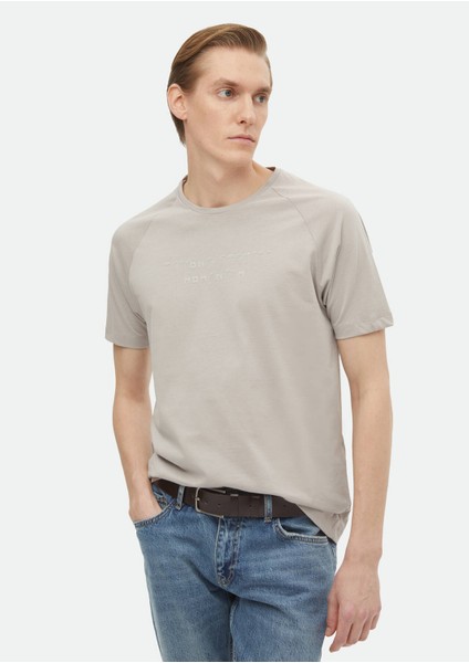 Açık Gri Baskılı Bisiklet Yaka %100 Pamuk T-Shirt