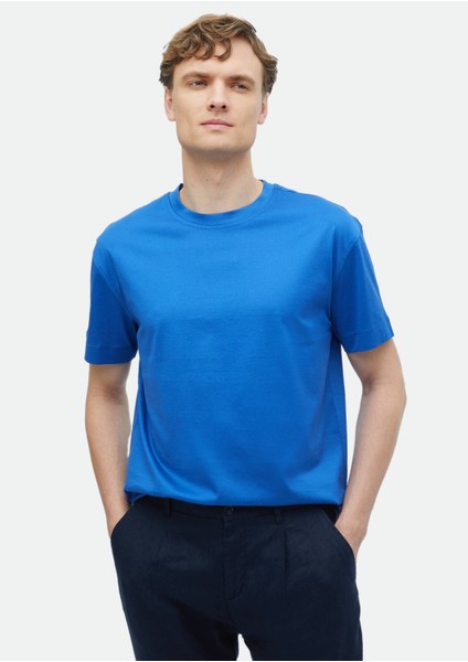 Mavi Düz Bisiklet Yaka %100 Pamuk T-Shirt
