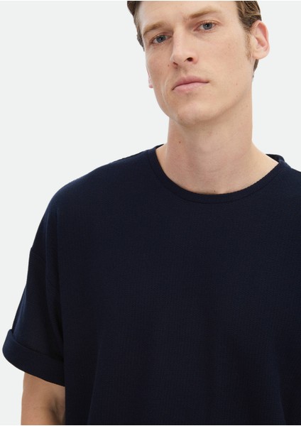 Lacivert Jakarlı Bisiklet Yaka %100 Pamuk T-Shirt modelleri