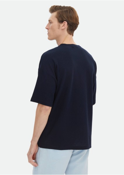 Lacivert Jakarlı Bisiklet Yaka %100 Pamuk T-Shirt indirimleri