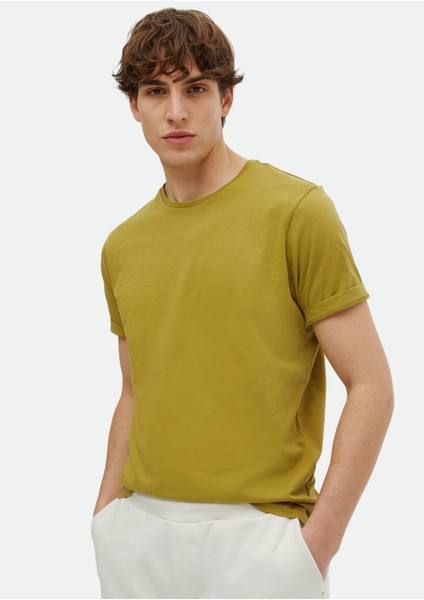 Yağ Yeşili Baskılı Bisiklet Yaka %100 Pamuk T-Shirt