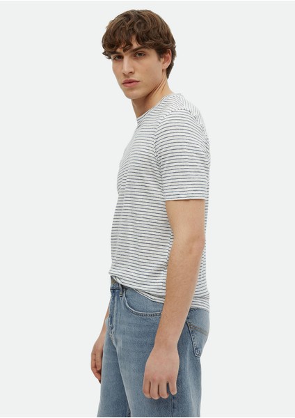 İndigo Çizgili Bisiklet Yaka %100 Keten T-Shirt