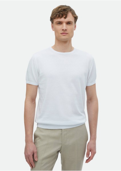 Beyaz Bisiklet Yaka Düz Örgü %100 Pamuk Triko