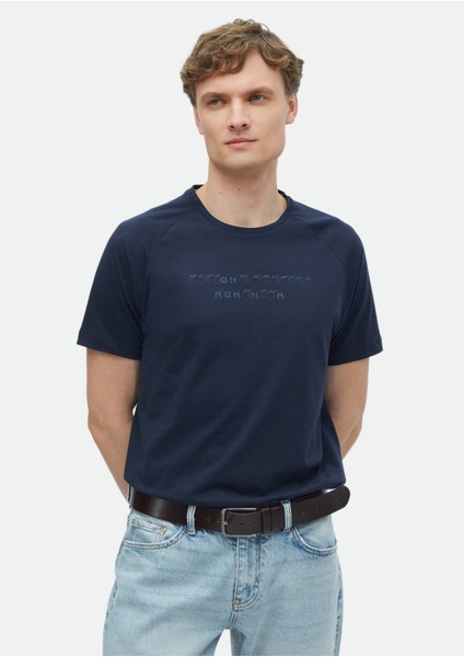 Lacivert Baskılı Bisiklet Yaka %100 Pamuk T-Shirt