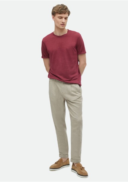 Kırmızı Düz Bisiklet Yaka %100 Keten T-Shirt fiyatları