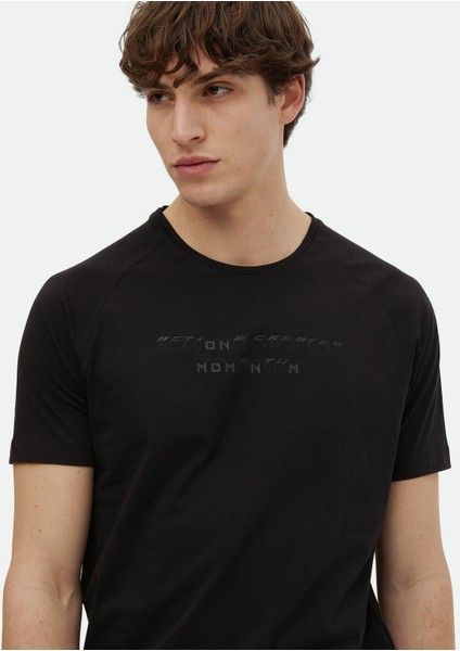 Siyah Baskılı Bisiklet Yaka %100 Pamuk T-Shirt