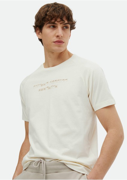 Ekru Baskılı Bisiklet Yaka %100 Pamuk T-Shirt