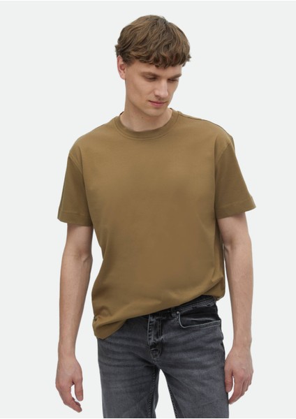 Deve Tüyü Düz Bisiklet Yaka %100 Pamuk T-Shirt