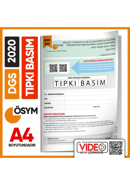 DGS 2020 ÖSYM Tıpkı Basım Türkiye Geneli Dijital Çözümlü Çıkmış Soru Deneme Kitapçığı