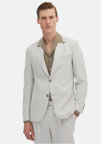 Bej Düz Zeroweight Slim Fit Pamuk Karışımlı Takım Elbise