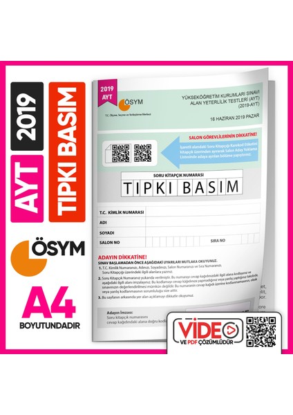 2019 YKS-AYT (SAY-TM) ÖSYM Tıpkı Basım Çıkmış Soru Deneme Kitapçığı (Video Çözümlü Türkiye Geneli)