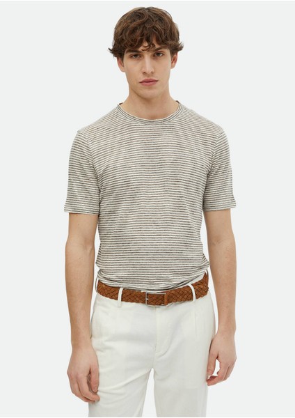 Kahverengi Çizgili Bisiklet Yaka %100 Keten T-Shirt