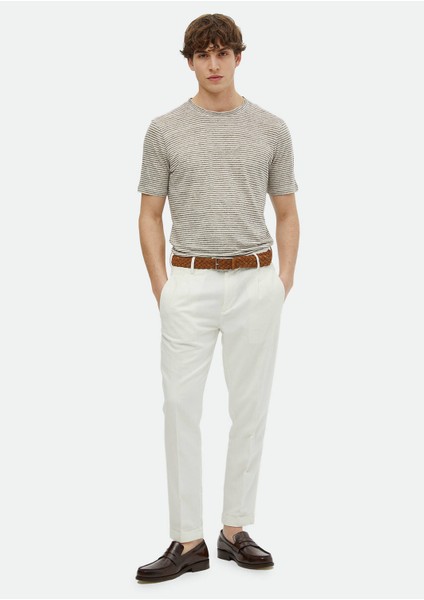 Kahverengi Çizgili Bisiklet Yaka %100 Keten T-Shirt fiyatları