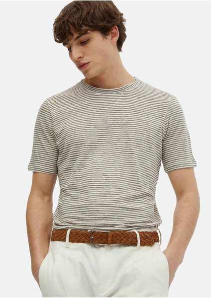 Kahverengi Çizgili Bisiklet Yaka %100 Keten T-Shirt modelleri