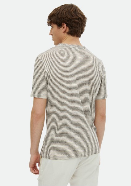 Kahverengi Çizgili Bisiklet Yaka %100 Keten T-Shirt indirimleri