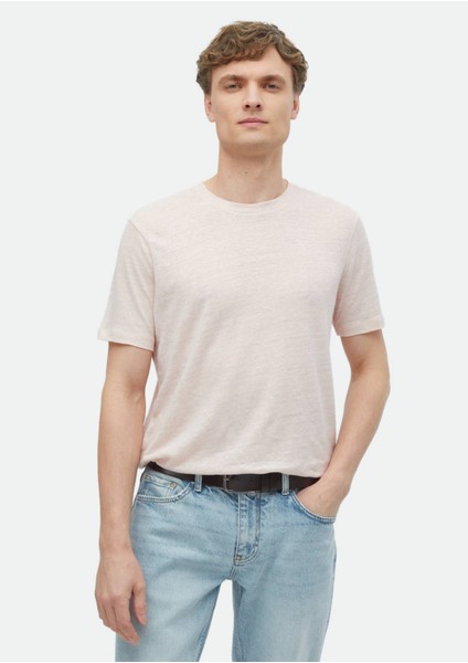 Açık Pembe Düz Bisiklet Yaka %100 Keten T-Shirt