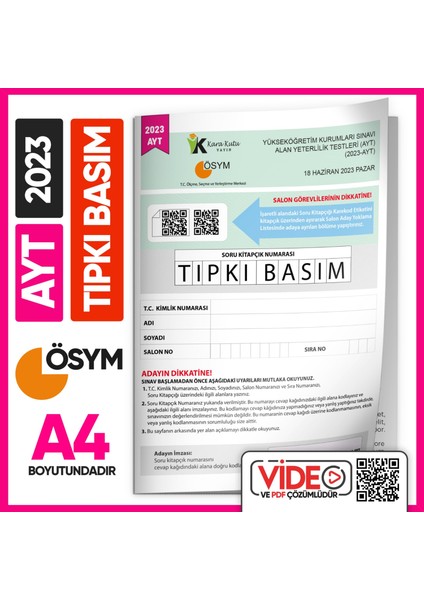 2023 YKS-AYT (SAY-TM) ÖSYM Tıpkı Basım Çıkmış Soru Deneme Kitapçığı (Video Çözümlü Türkiye Geneli)