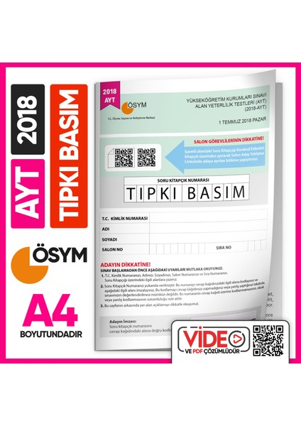 AYT 2018 ÖSYM Tıpkı Basım Türkiye Geneli Dijital Çözümlü Soru Kitapçığı