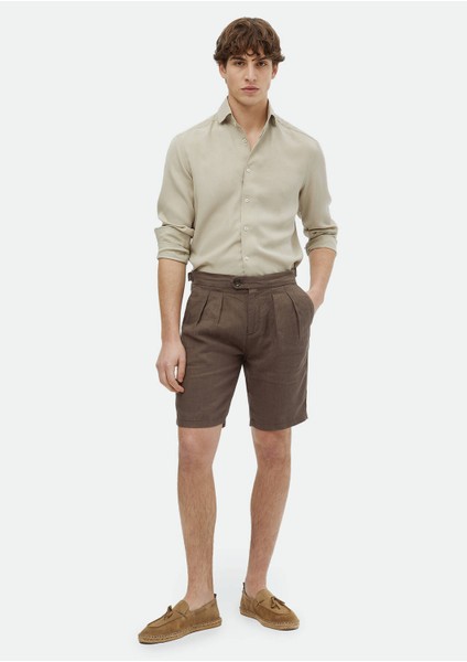 Kahverengi Düz Dokuma Carrot Fit Casual %100 Keten Bermuda