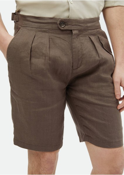 Kahverengi Düz Dokuma Carrot Fit Casual %100 Keten Bermuda modelleri