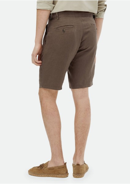 Kahverengi Düz Dokuma Carrot Fit Casual %100 Keten Bermuda fırsatları