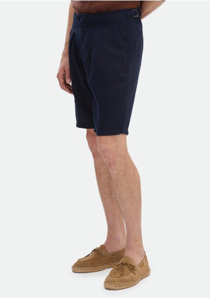 Lacivert Düz Dokuma Carrot Fit Casual %100 Keten Bermuda modelleri