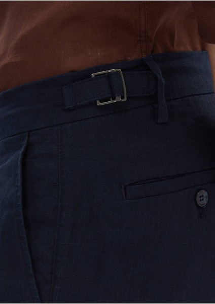 Lacivert Düz Dokuma Carrot Fit Casual %100 Keten Bermuda indirimleri