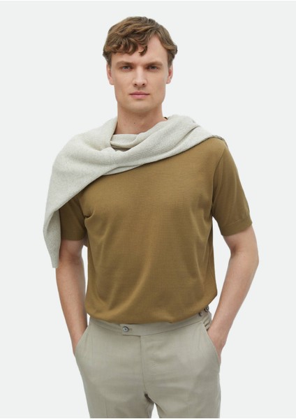 Deve Tüyü Düz Bisiklet Yaka %100 Pamuk T-Shirt