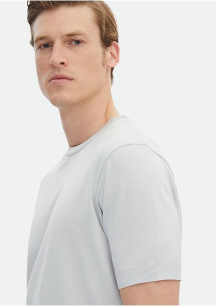 Açık Gri Düz Bisiklet Yaka %100 Pamuk T-Shirt modelleri