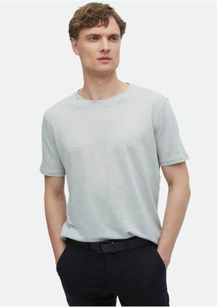 Açık Gri Düz Bisiklet Yaka %100 Keten T-Shirt