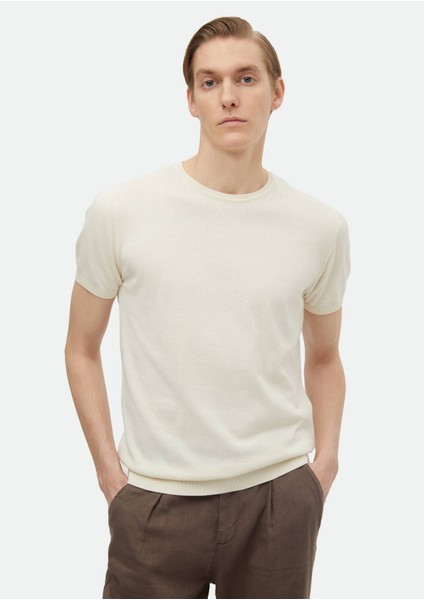 Ekru Bisiklet Yaka Düz Örgü %100 Pamuk Triko