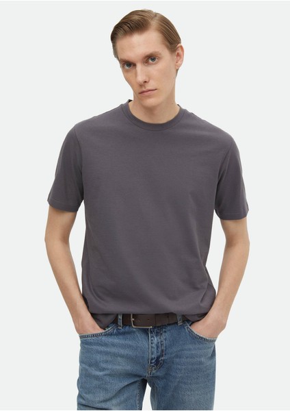 Koyu Gri Düz Bisiklet Yaka %100 Pamuk T-Shirt