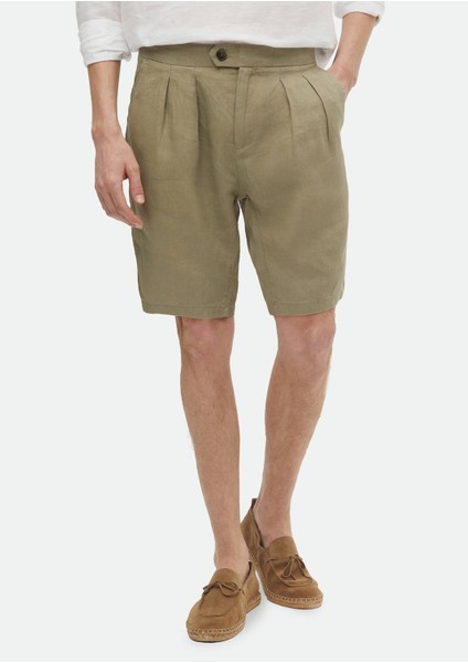 Açık Yeşil Düz Dokuma Carrot Fit Casual %100 Keten Bermuda fiyatları