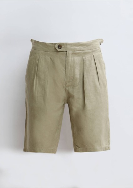 Açık Yeşil Düz Dokuma Carrot Fit Casual %100 Keten Bermuda indirimleri