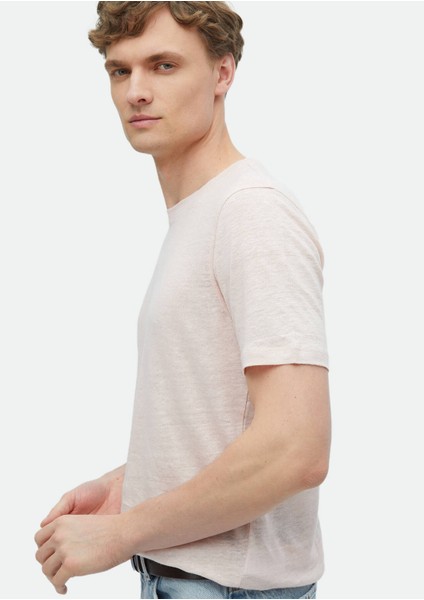 Açık Pembe Düz Bisiklet Yaka %100 Keten T-Shirt modelleri