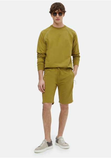 Yağ Yeşili Düz Örme Jogging Fit Spor Pamuk Karışımlı Bermuda